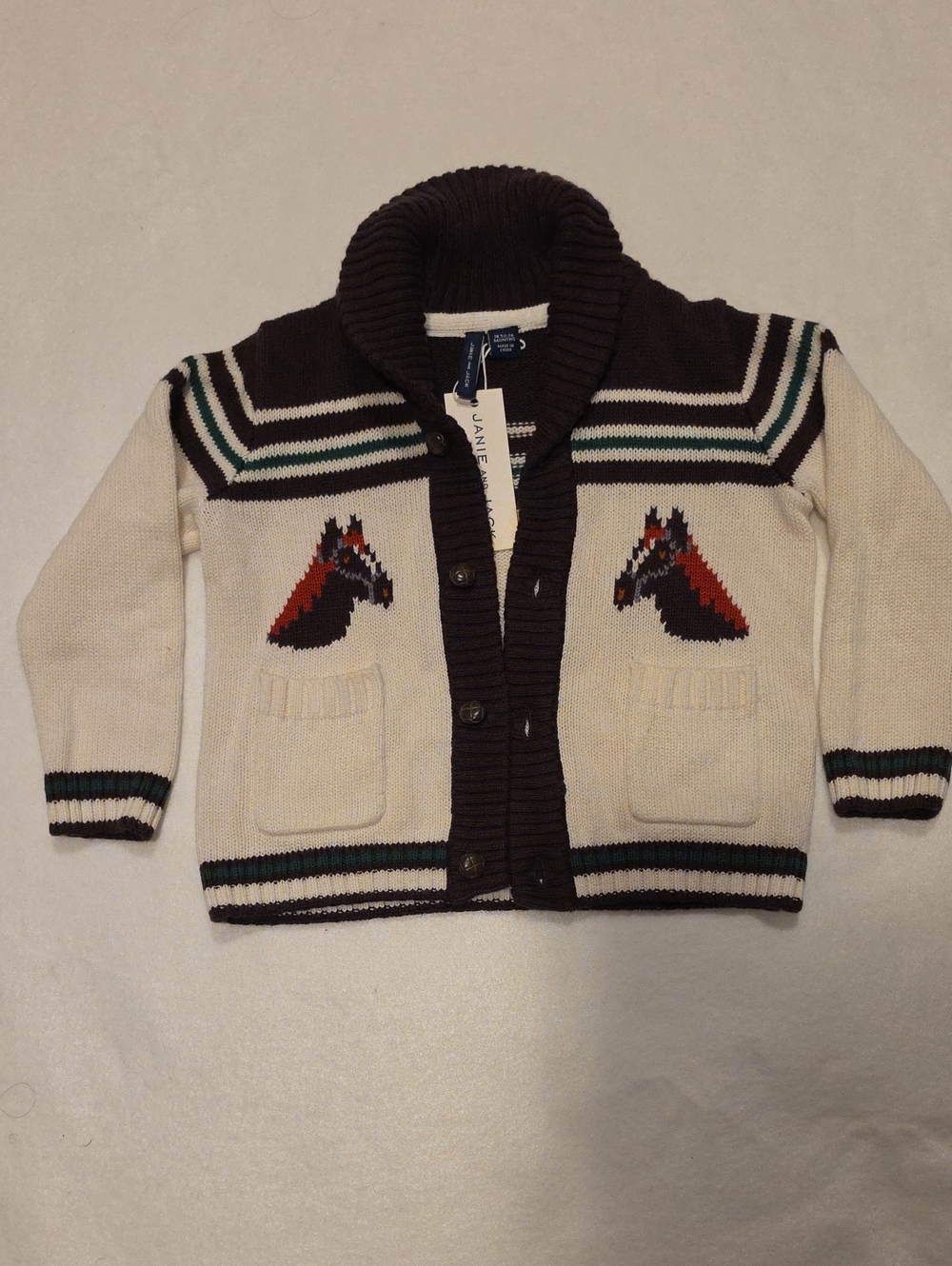 Janie and Jack Cream, Brown & Red Horse Intarsia Shawl Cardigan